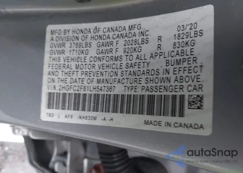 2020 Honda Civic Lx z USA, uszkodzony, nr VIN 2HGFC2F61LH547367